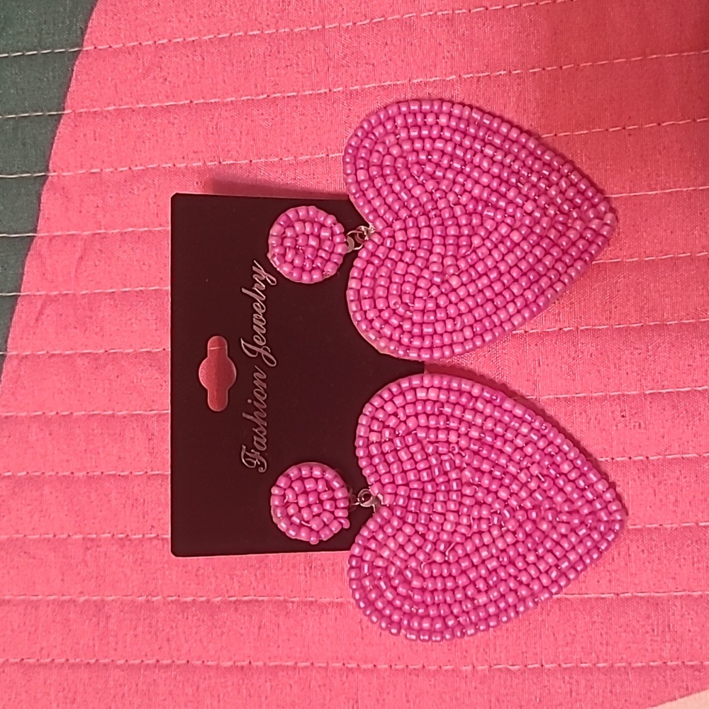 Pink Heart Seed Bead Earrings